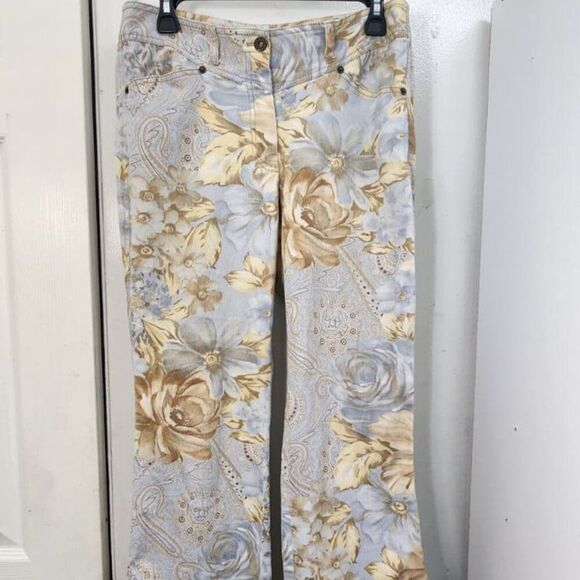 APANAGE Women’s Floral Print Pants Size 12 US Bootcut Beige Blue - Picture 1 of 5